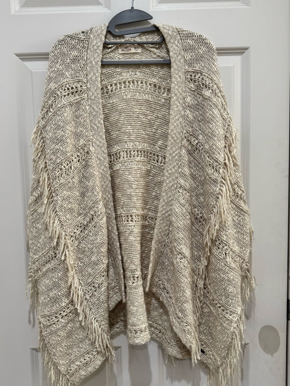 Hollister Open-Front Fringe Knit Cardigan Sweater Shawl in Oatmeal size M/L